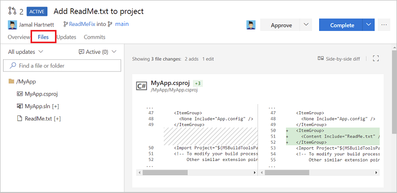 Captura de ecrã de uma vista de comparação de ficheiros no separador Ficheiros de um Azure Repos PR.