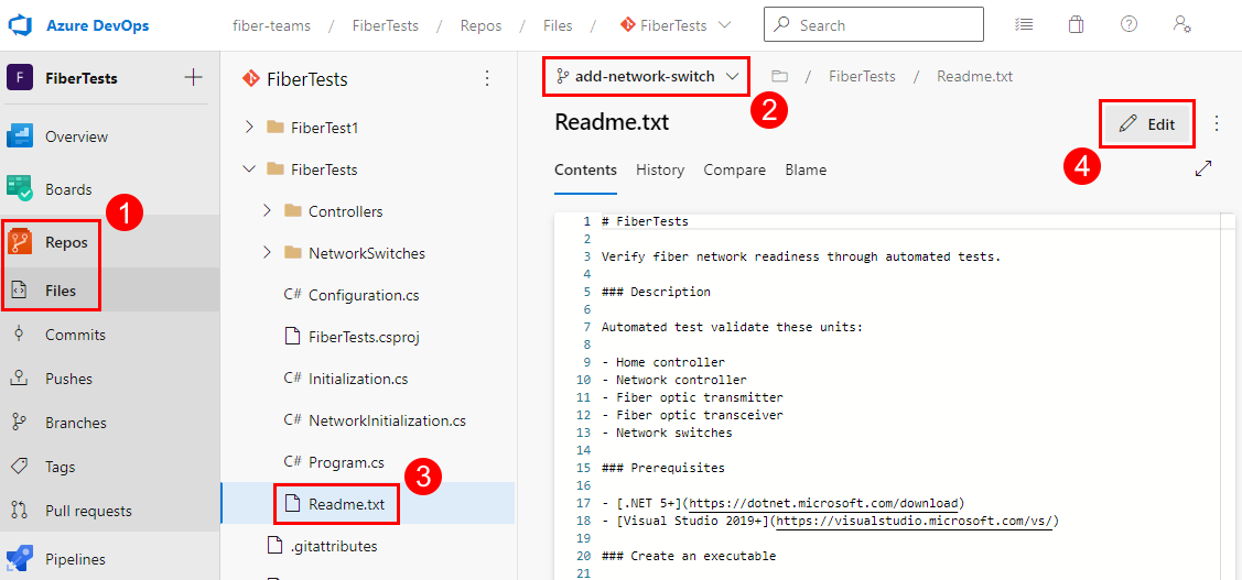 Captura de ecrã do botão Editar para atualizar um ficheiro no Azure Repos.