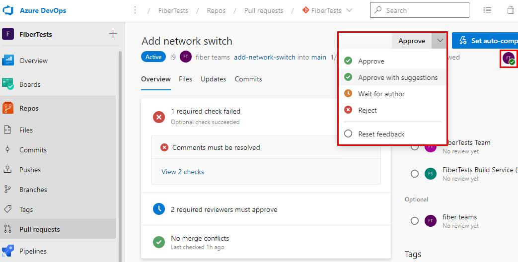 Captura de ecrã das opções de voto num Azure Repos P R.