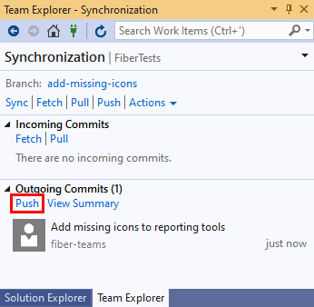 Captura de tela do link Push no modo de exibição Sincronização do Team Explorer no Visual Studio 2019.