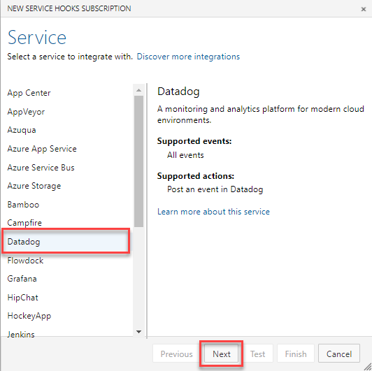 Captura de tela com caixa vermelha em torno das seleções Datadog e Next.