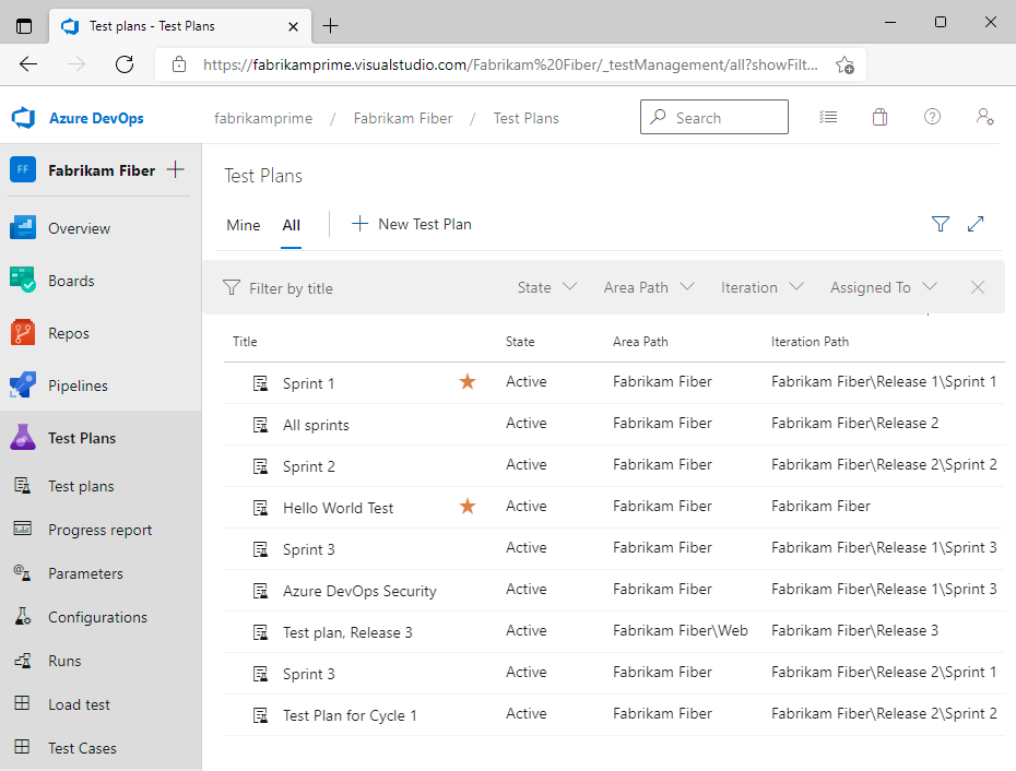 Captura de ecrã de Planos de Teste do Azure, Planos de Teste, Todos