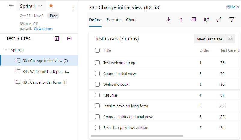 Captura de ecrã dos Planos de Teste do Azure, Planos de teste selecionados