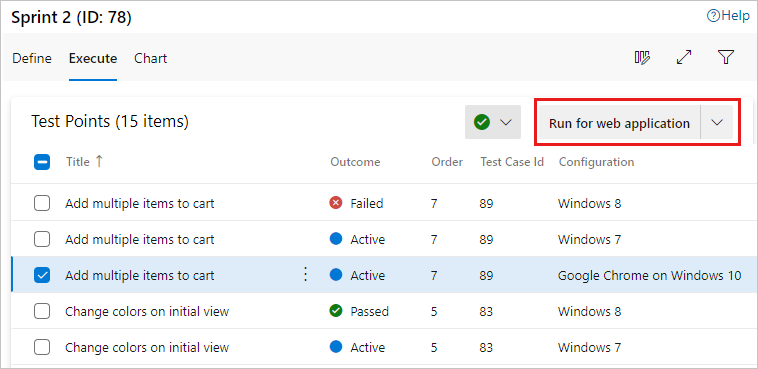 A captura de tela mostra um teste com uma configuração específica e a opção Executar para aplicativo Web selecionada.