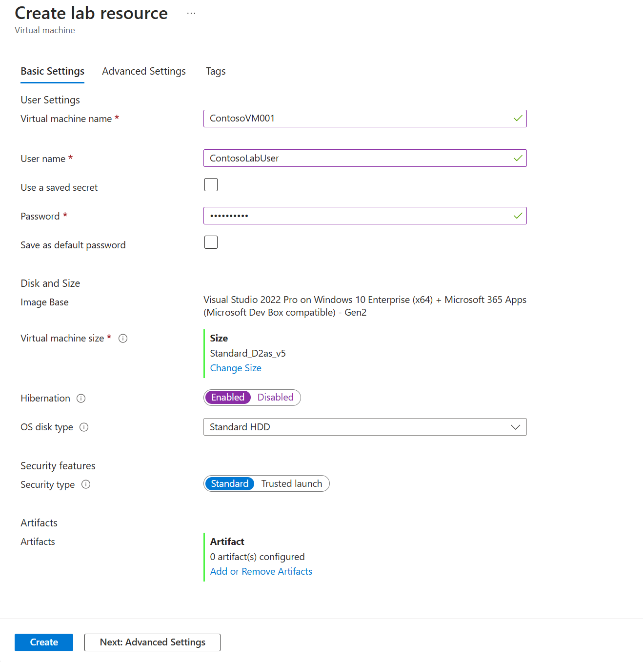 Página de configurações básicas da máquina virtual.