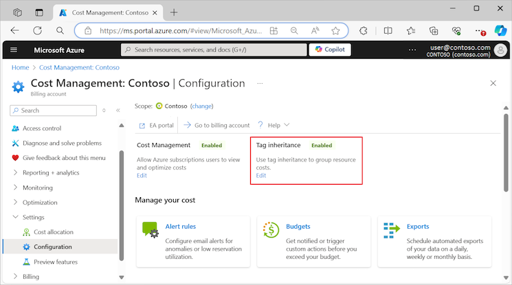 Captura de ecrã que mostra que a Herança de Etiquetas está Ativada para gestão de custos no portal do Azure.