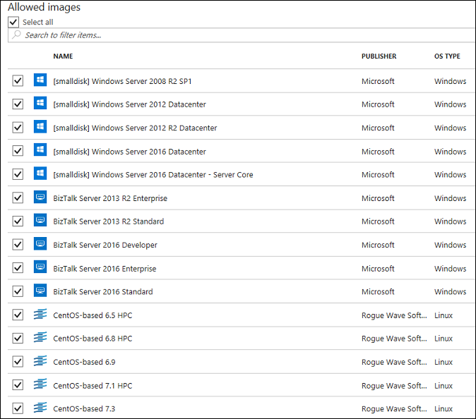 Pode especificar que Azure Marketplace imagens podem ser utilizadas como imagens de base para VMs