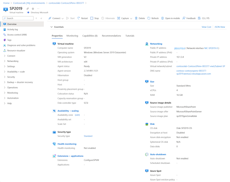 Captura de tela que mostra as ações disponíveis para a VM do ambiente selecionado.