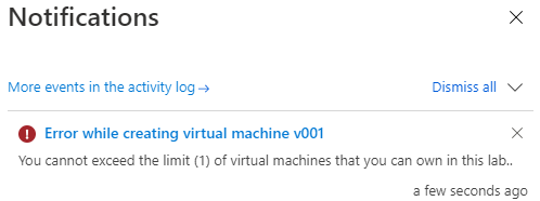 Captura de ecrã a mostrar o erro de que o utilizador não pode exceder o limite de VMs.