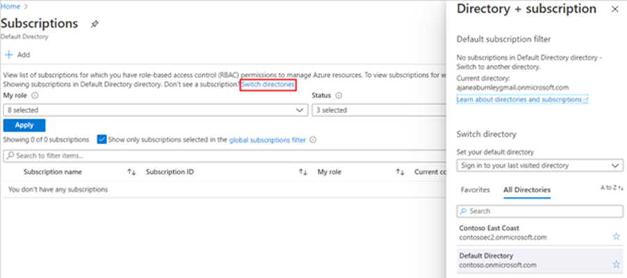 Uma captura de ecrã da página de subscrições com Switch Directories realçado.