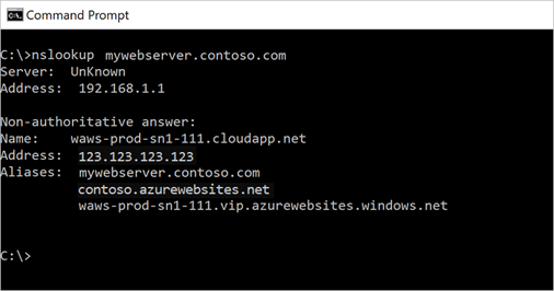 Captura de tela do nslookup para aplicativo Web.