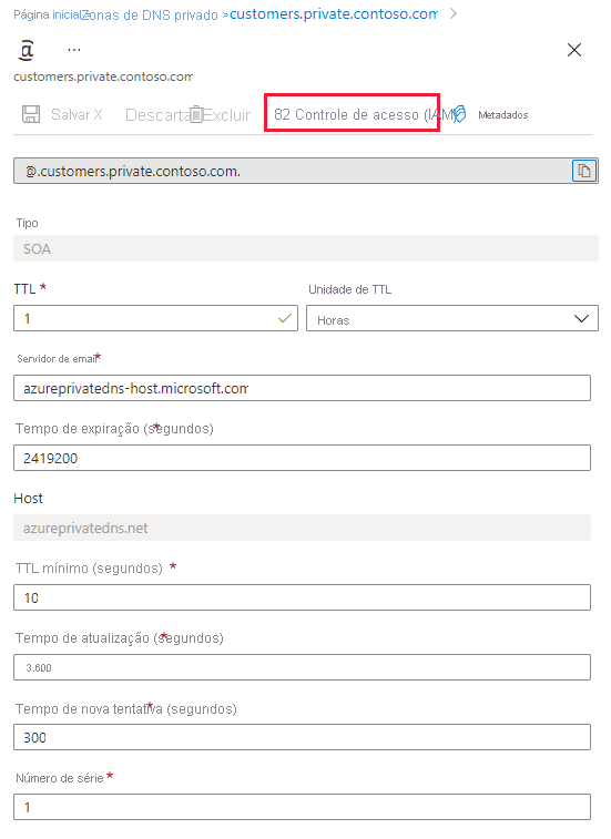 Captura de ecrã do RBAC para o conjunto de registos DNS privados.