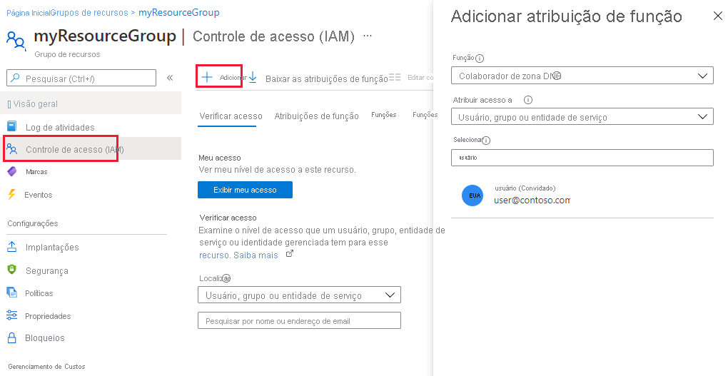 Captura de ecrã da página de controlo de acesso para o grupo de recursos.