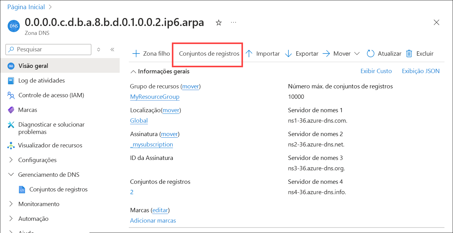 Uma captura de tela de como adicionar um registro DNS reverso IPv6 a uma zona DNS.