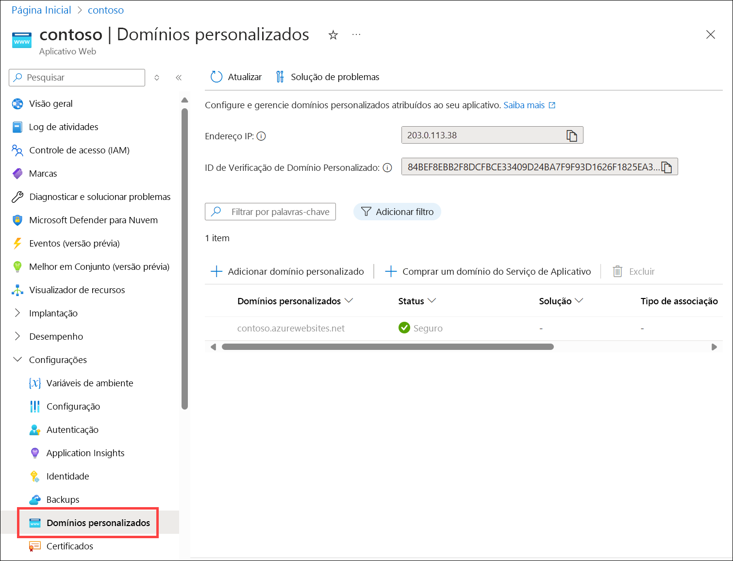 Captura de ecrã da página de domínios personalizados do Serviço de Aplicações do Azure a mostrar o endereço IP da aplicação Web.