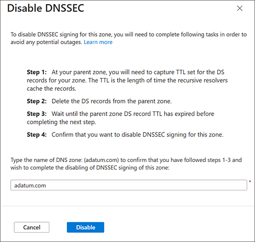 Captura de ecrã do painel desativar DNSSEC.