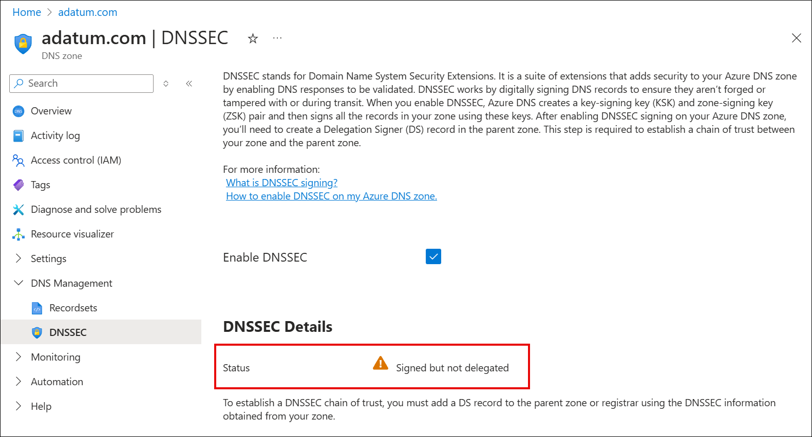 Captura de ecrã a mostrar a confirmação para desativar o DNSSEC.