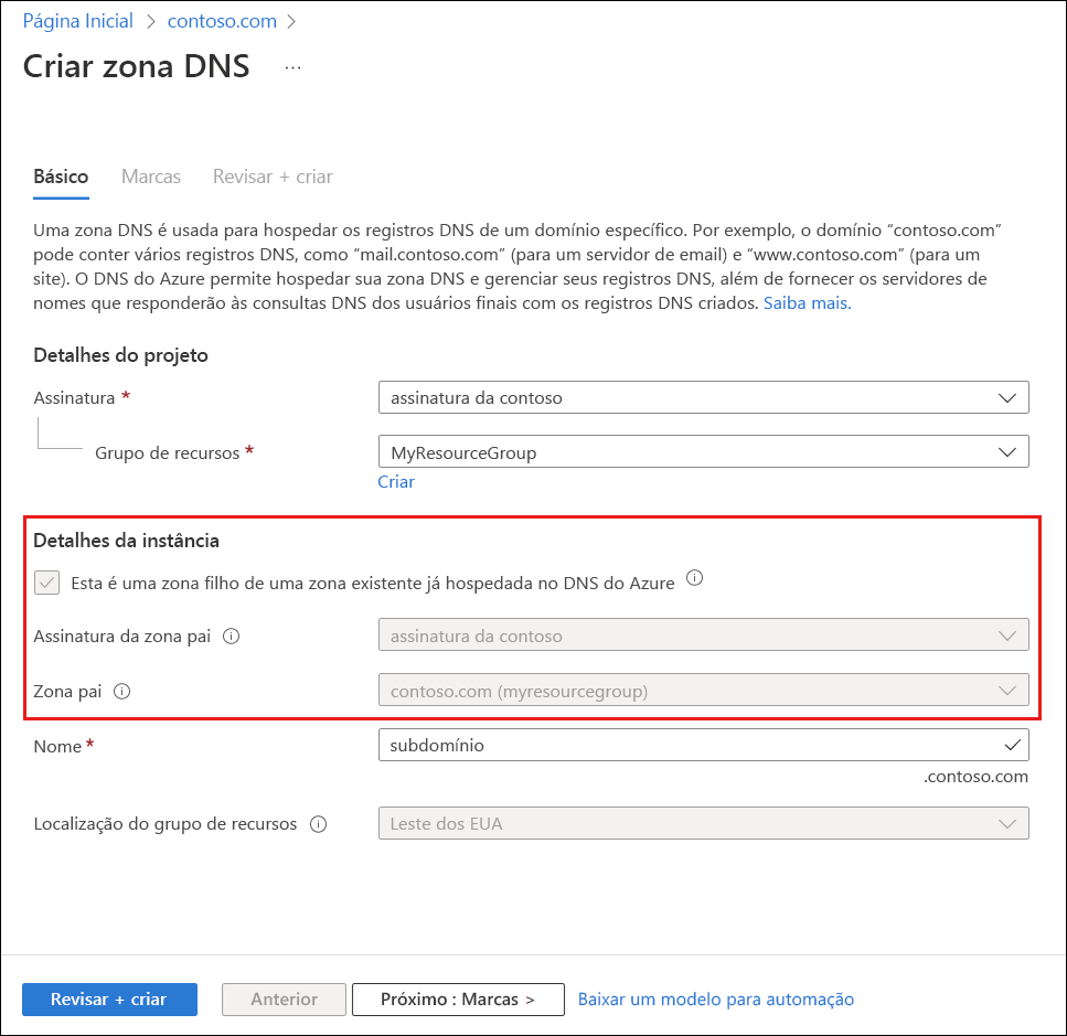 Captura de ecrã da página Criar zona DNS acedida através do botão Adicionar zona secundária.