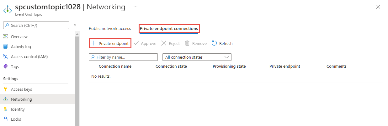 Captura de tela mostrando a seleção de + Link de ponto de extremidade privado na guia Conexão de ponto de extremidade privado.