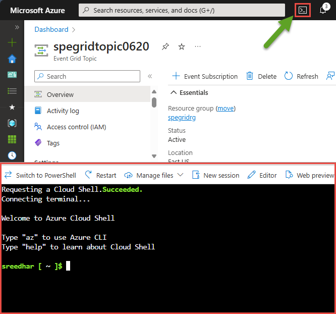 Captura de tela que mostra a janela Bash no Azure Cloud Shell.