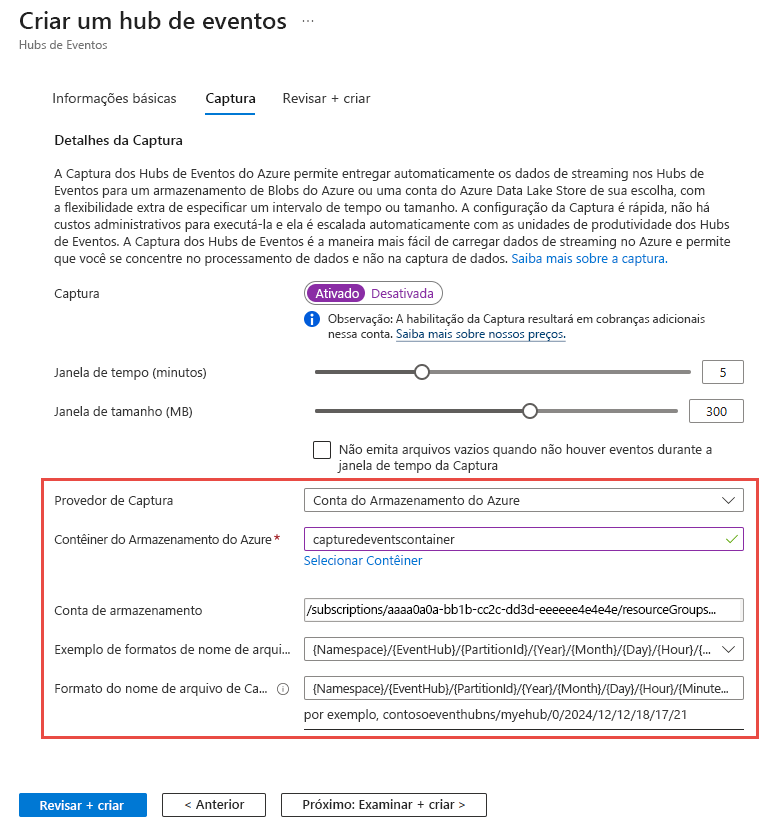 Captura de ecrã do separador Capturar da página Criar hub de eventos com definições de Armazenamento do Azure.