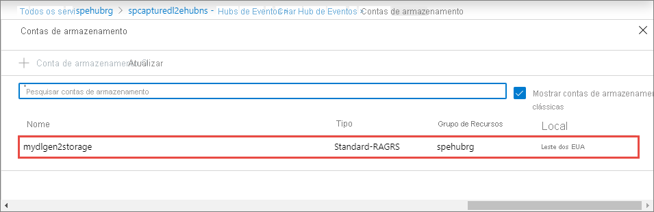 Captura de tela mostrando a seleção da conta do Data Lake Storage Gen 2.