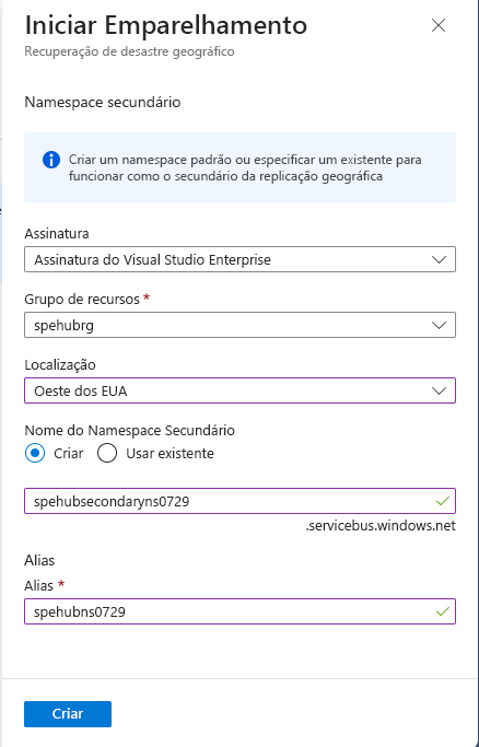 Captura de tela que mostra a seleção do namespace secundário para emparelhamento.