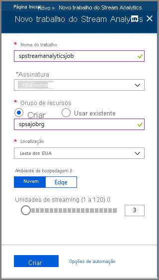 Nova tarefa do Stream Analytics