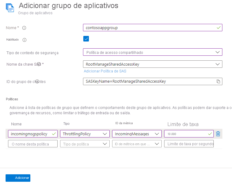 Captura de ecrã da página Adicionar grupo de aplicações com uma política para mensagens recebidas.