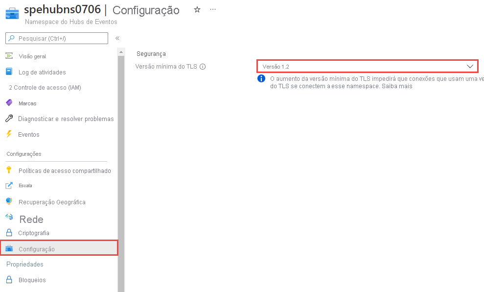 Captura de ecrã a mostrar a página para definir a versão mínima do TLS para um espaço de nomes existente.