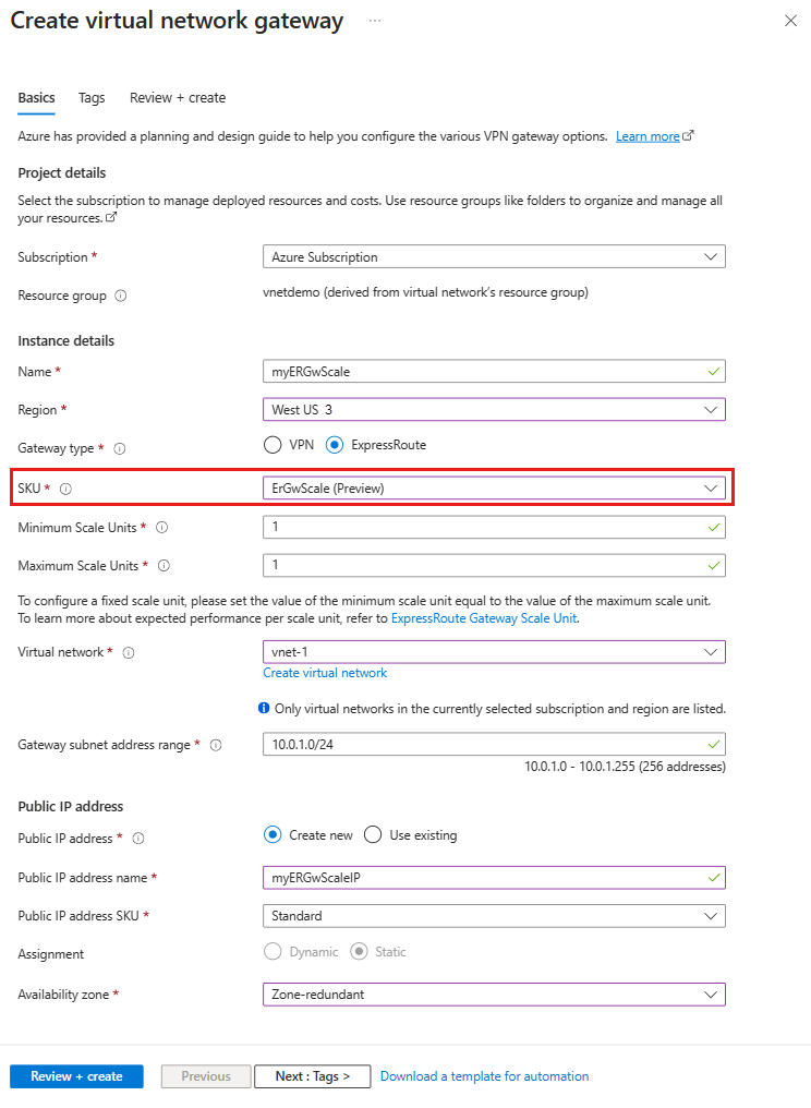 Captura de tela que mostra a página Adicionar sub-rede para adicionar a sub-rede do gateway.