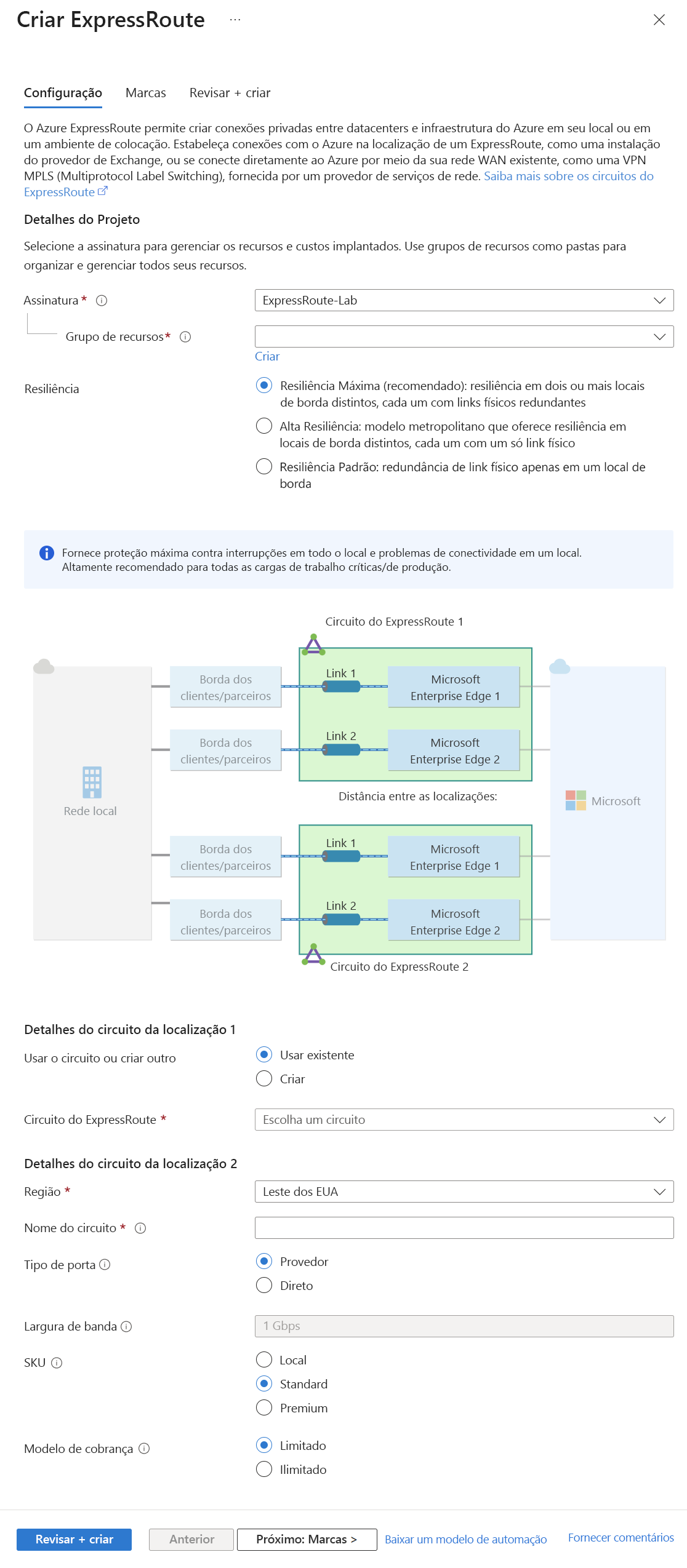 Captura de ecrã da nova página de configuração do circuito ExpressRoute.