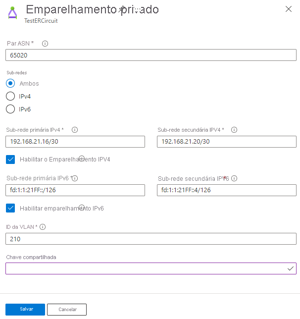 Captura de tela mostrando a configuração de emparelhamento privado.