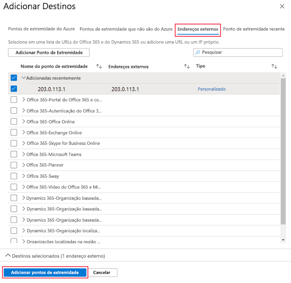 Captura de tela da adição de pontos de extremidade de destino externos.