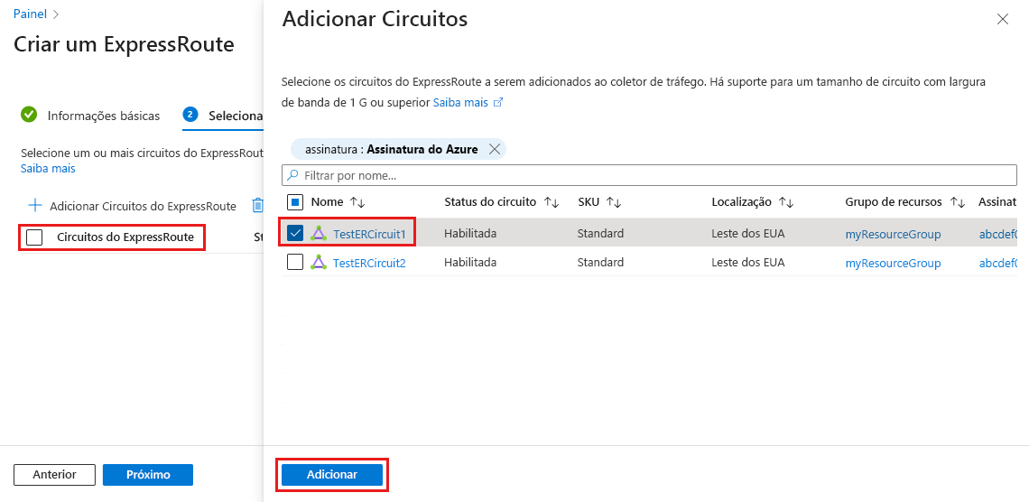 Captura de tela da guia selecionar circuitos de Rota Expressa e adicionar página de circuitos.