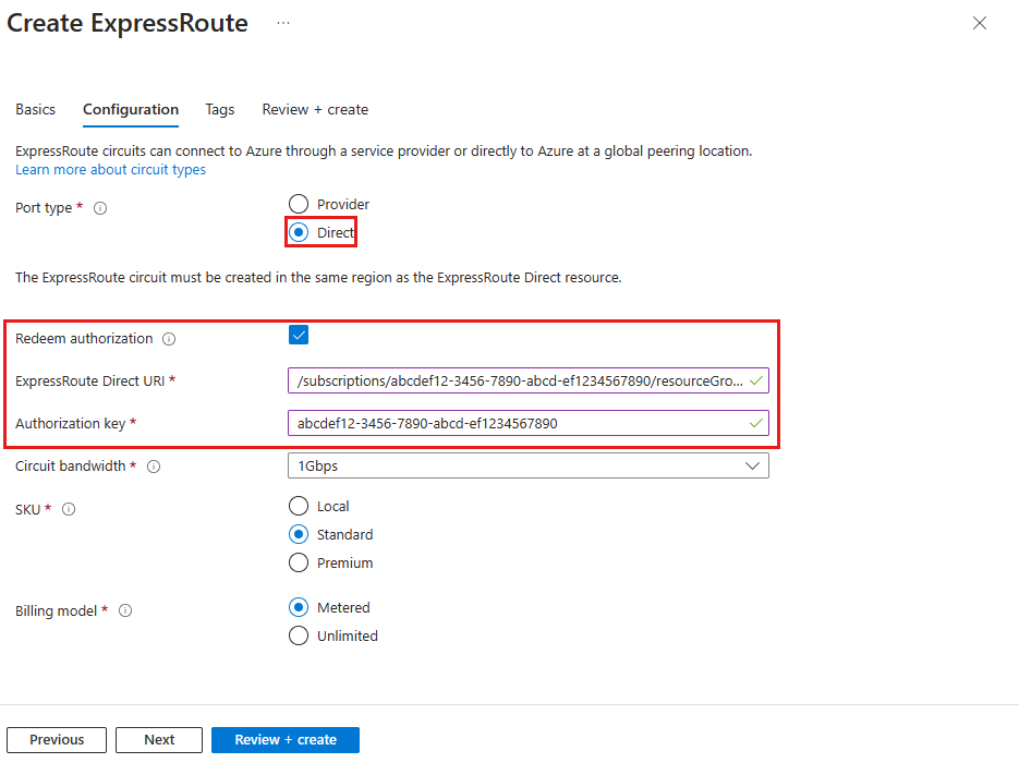 Screenshot of redeeming authorization when creating a new ExpressRoute circuit.