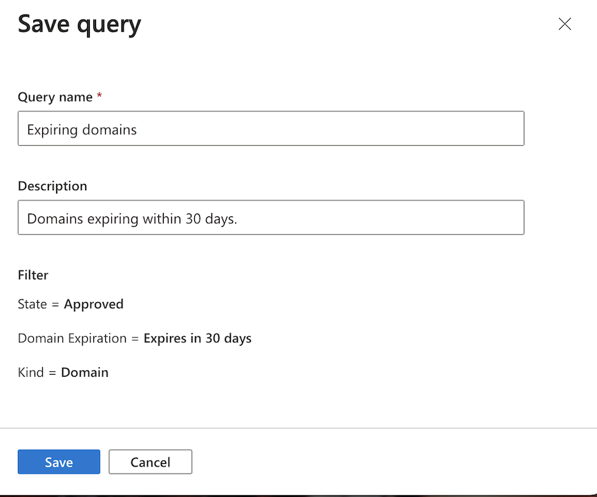 Captura de ecrã a mostrar a página Guardar configuração da consulta.