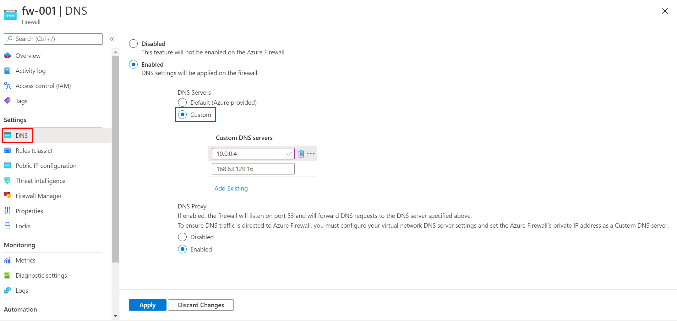 Captura de ecrã a mostrar definições para servidores DNS.