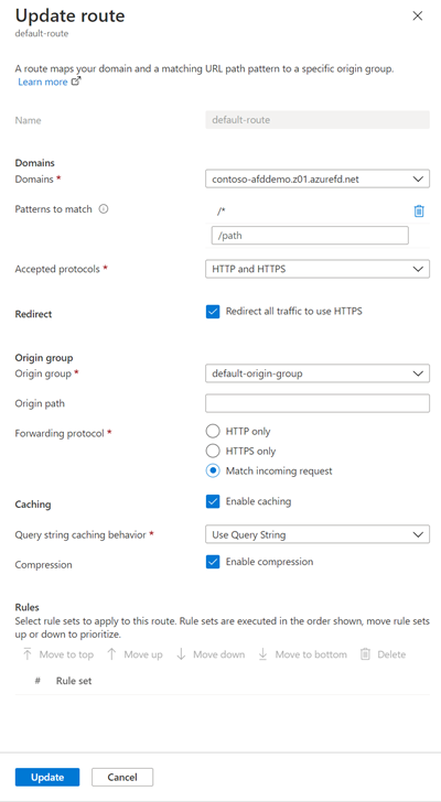 Captura de ecrã do Azure Front Door Manager a mostrar o botão de opção 'Ativar compressão'.