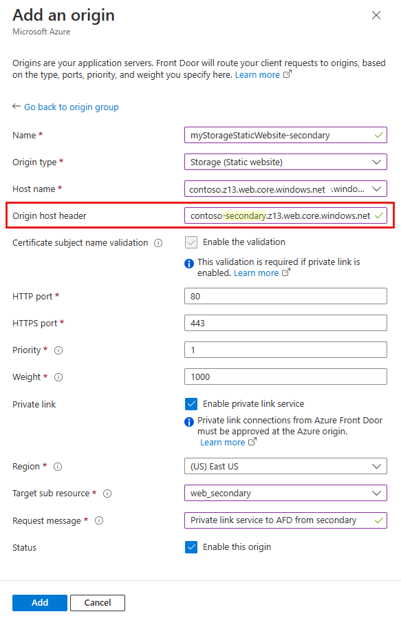 Captura de ecrã a mostrar a ativação de um link privado para um site estático de armazenamento secundário.