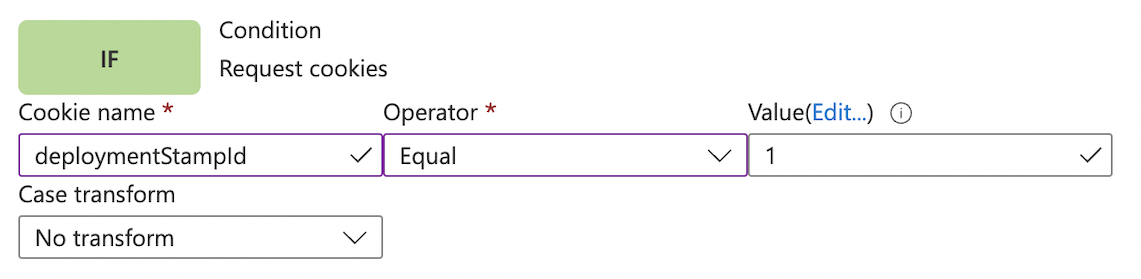 Captura de ecrã do portal a mostrar a condição de correspondência dos cookies de pedido.