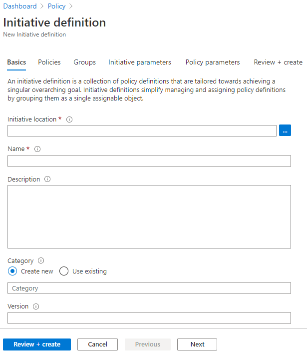 Captura de ecrã da página de definição da iniciativa e das propriedades a definir.