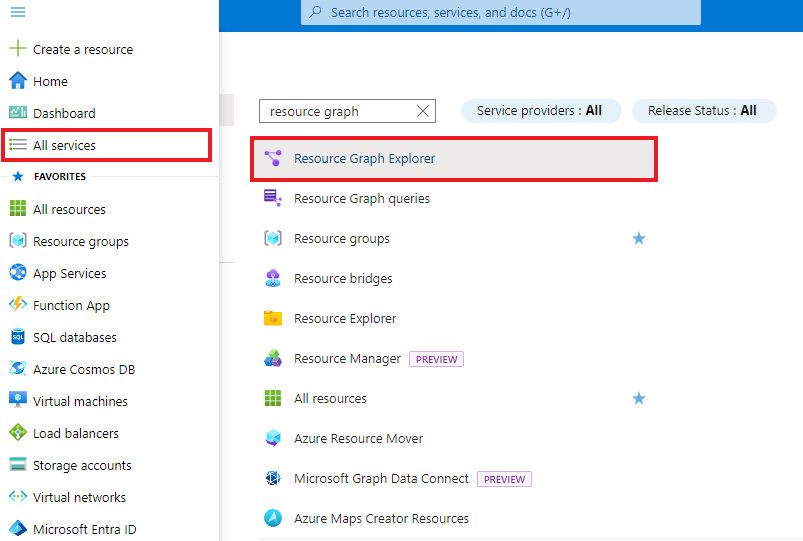 Captura de ecrã da pesquisa do Resource Graph Explorer em Todos os Serviços.