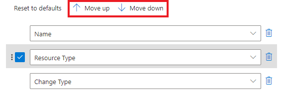 Captura de tela mostrando a seleção de uma coluna para mover para cima ou para baixo na ordem.