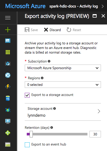 Visualização do log de atividades de exportação do portal do Azure.