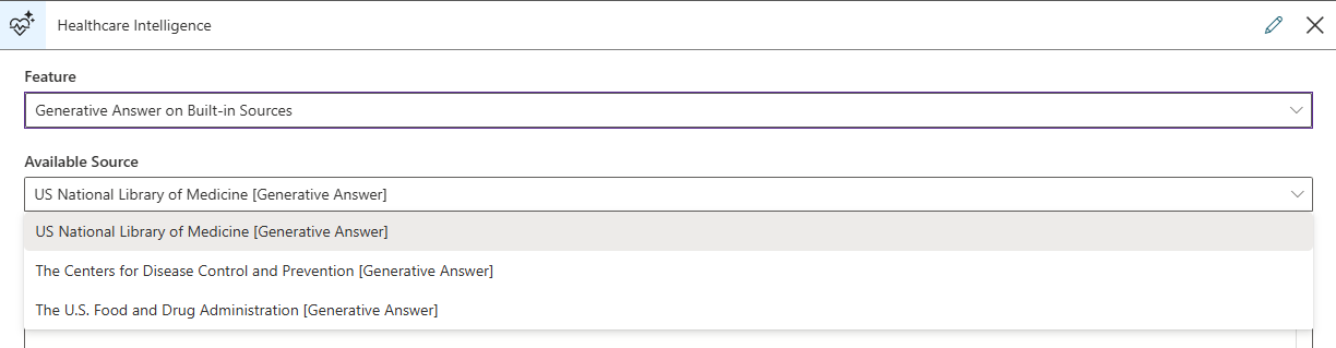 Screenshot of Healthcare Intelligence step built-in sources