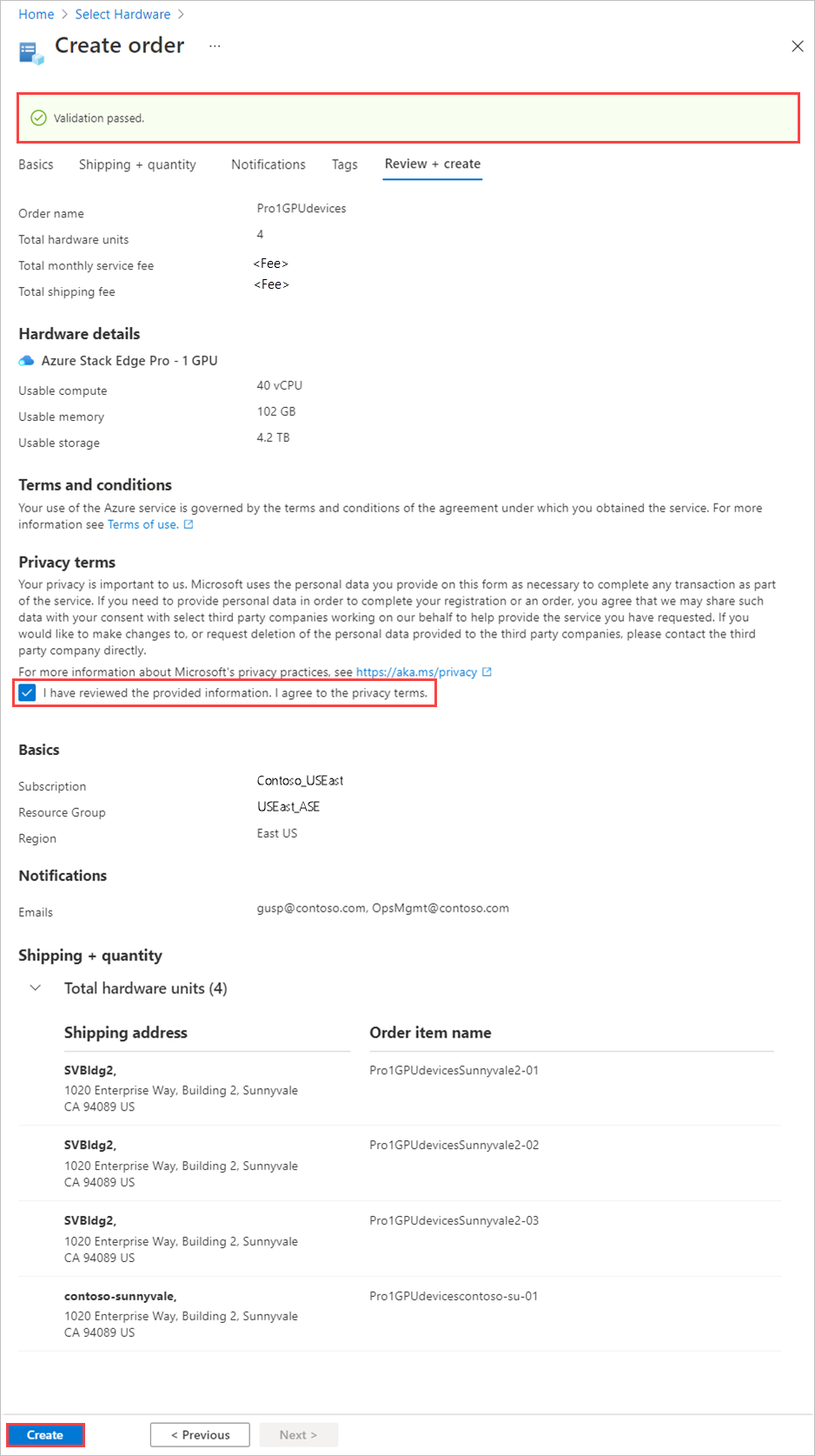 Captura de ecrã do separador Rever + criar para uma encomenda do Centro de Hardware do Azure Edge