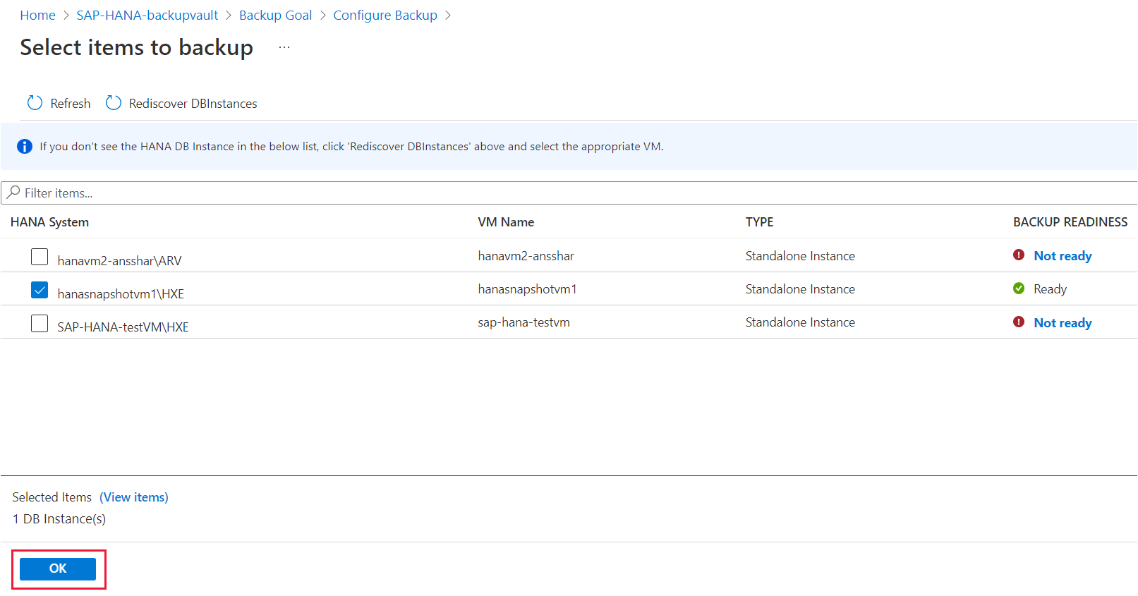 Captura de tela que mostra o painel 'Selecionar itens para backup' e uma lista de instâncias de banco de dados.