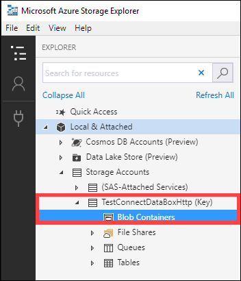 A captura de tela mostra o menu Explorer com Contêineres de Blob selecionados.