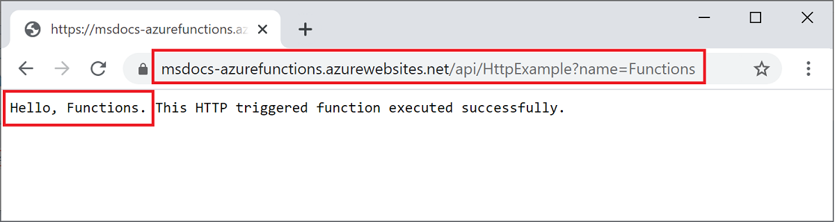 A saída da função é executada no Azure em um navegador